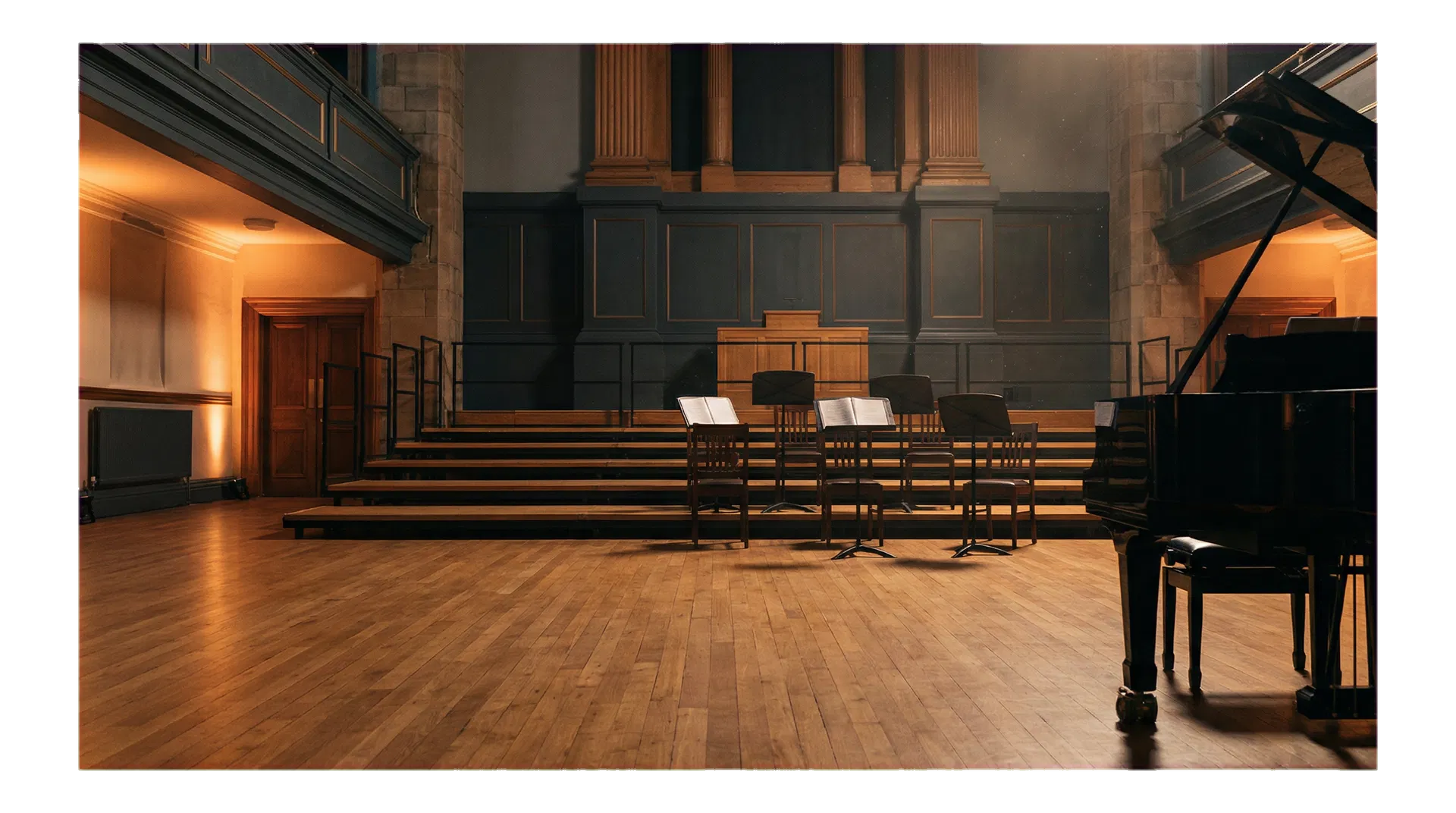 Atmospheric stage lighting and musical setting